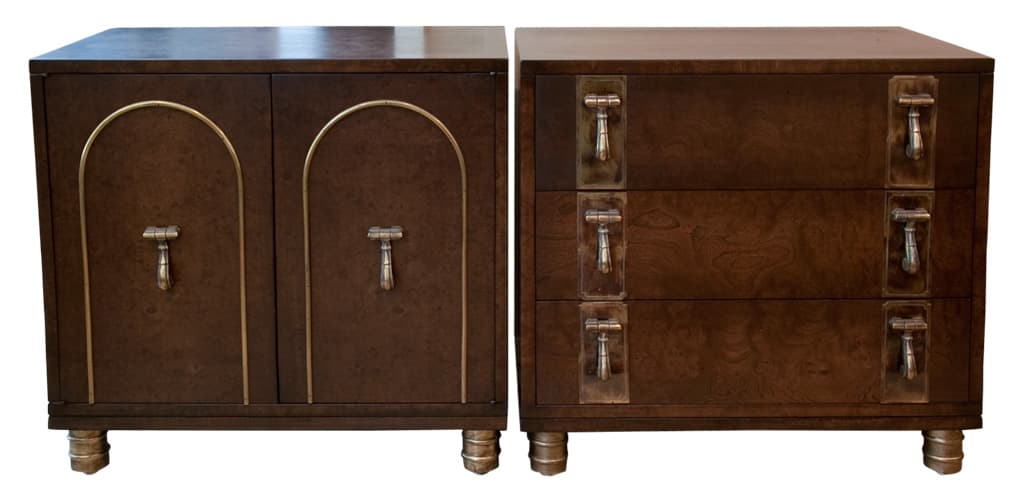 Sold - Mastercraft Three Pairs of Burl and Antique Brass Bachelor Chests - Rubbish Interiors Inc.