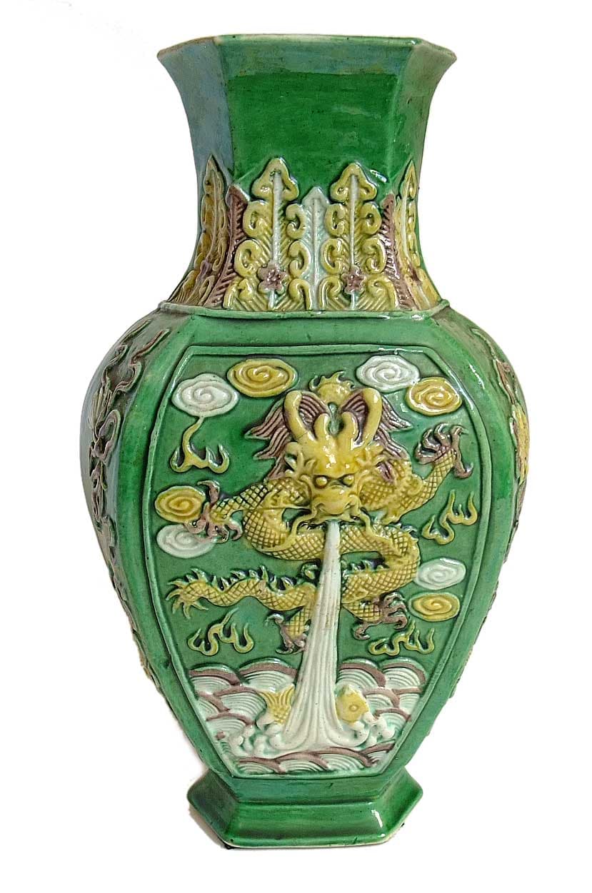 Sold - Green And Yellow Hexagonal Chinese Vase, c. 1890 - Rubbish Interiors Inc.