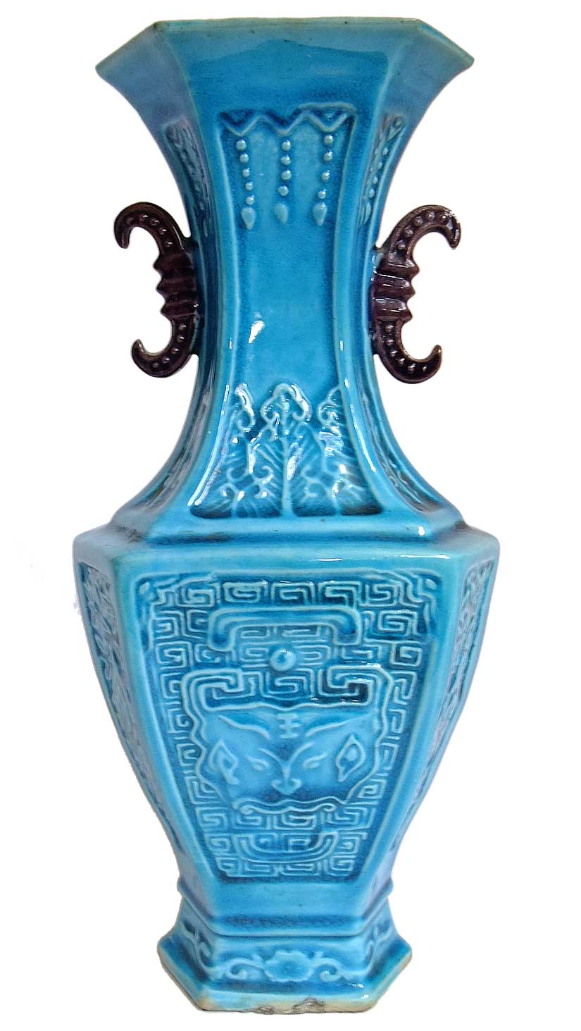 Sold - Turquoise Blue Hexagonal Vase With Purple Handles - Rubbish Interiors Inc.