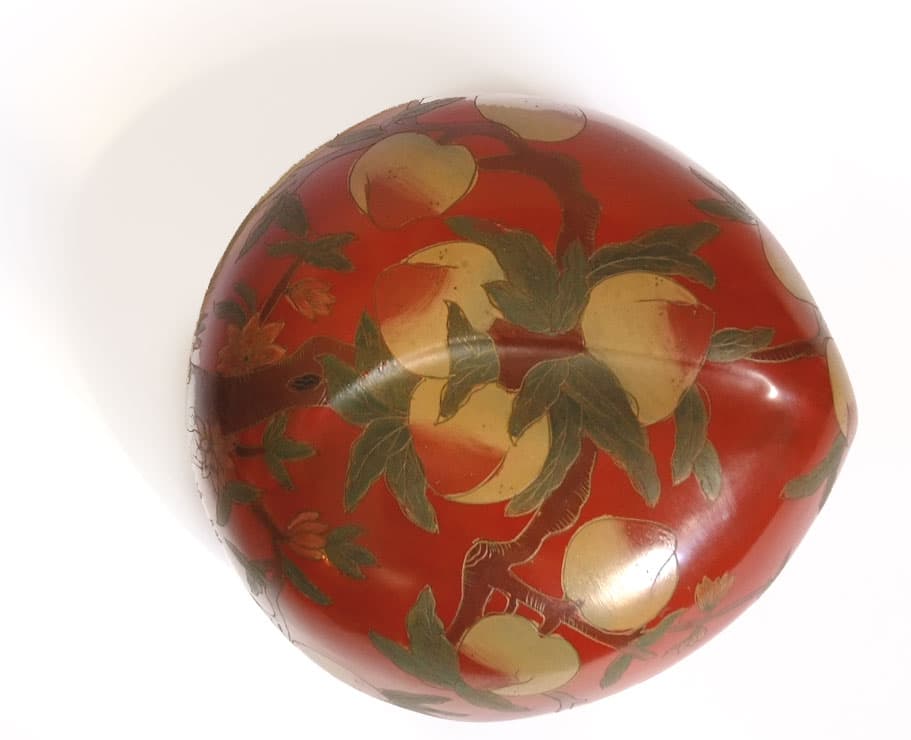 Sold - Red Lacquered Bowl WIth Peach Motif - Rubbish Interiors Inc.