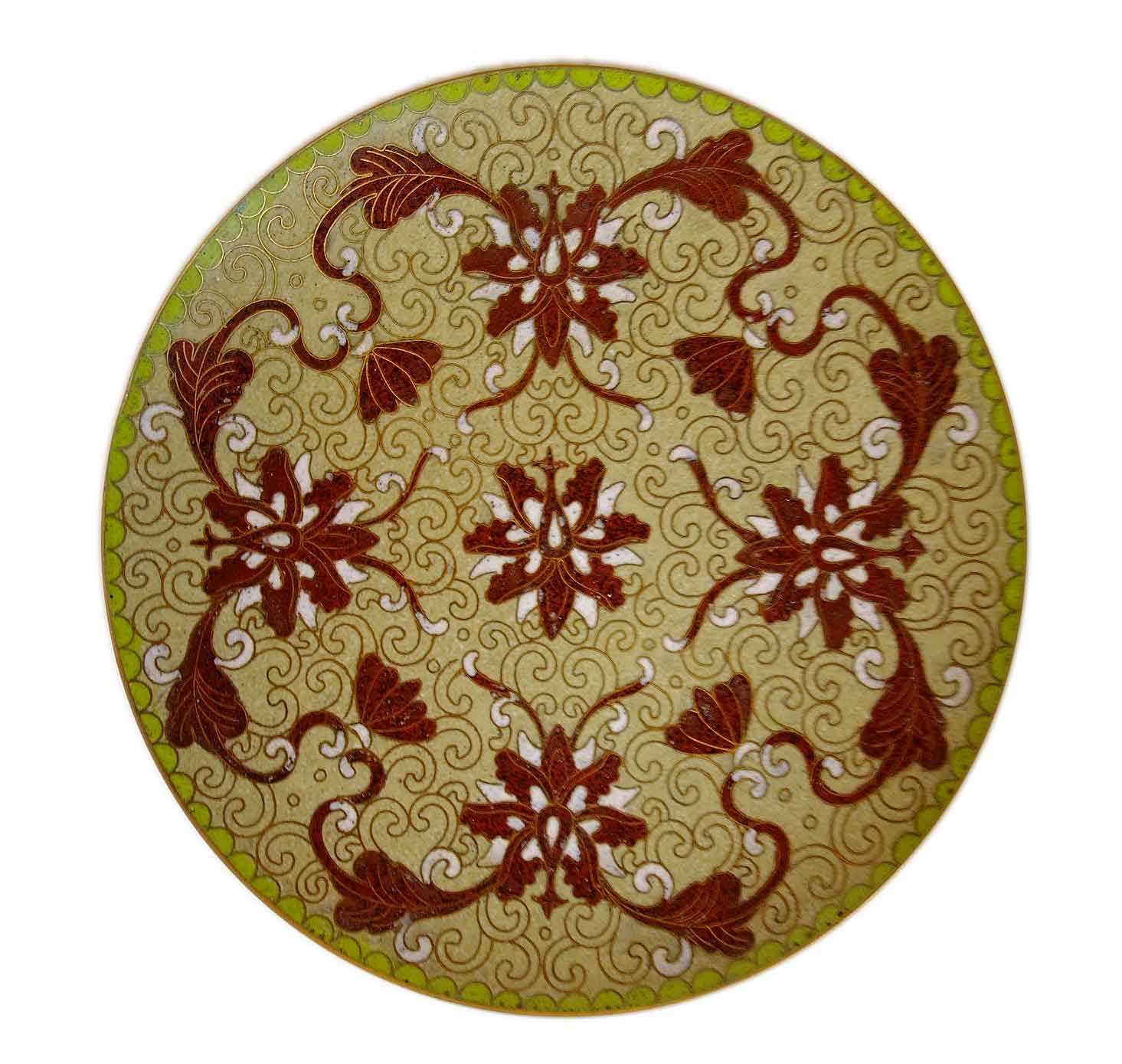 Sold - Cloisonne Plate In Beige And Burgudy - Rubbish Interiors Inc.