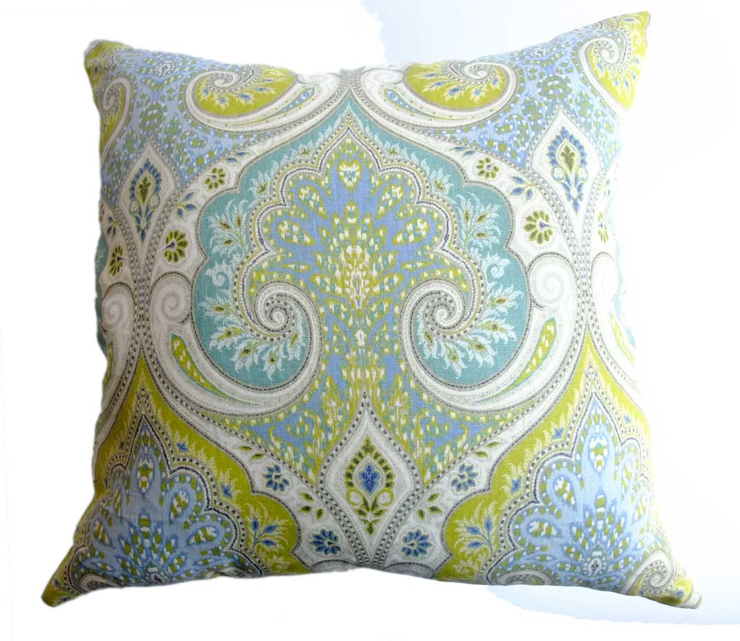 Sold - Blue and Green Indian Print Square Pillows, Pair - Rubbish Interiors Inc.