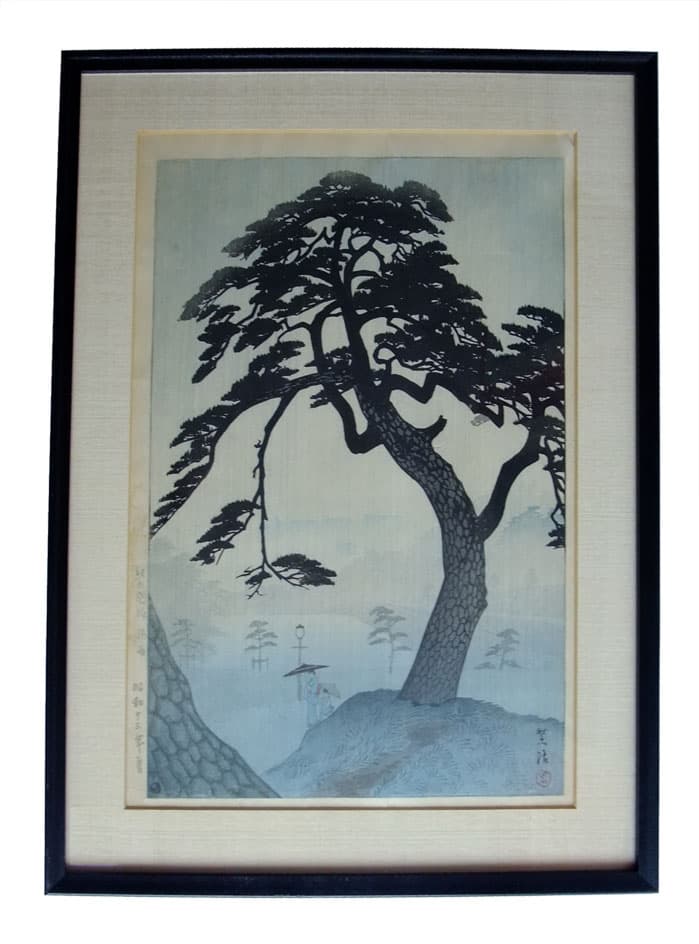 Sold - Japanese Print of Tree and Figures Holding Parasols On Hillside - Rubbish Interiors Inc.