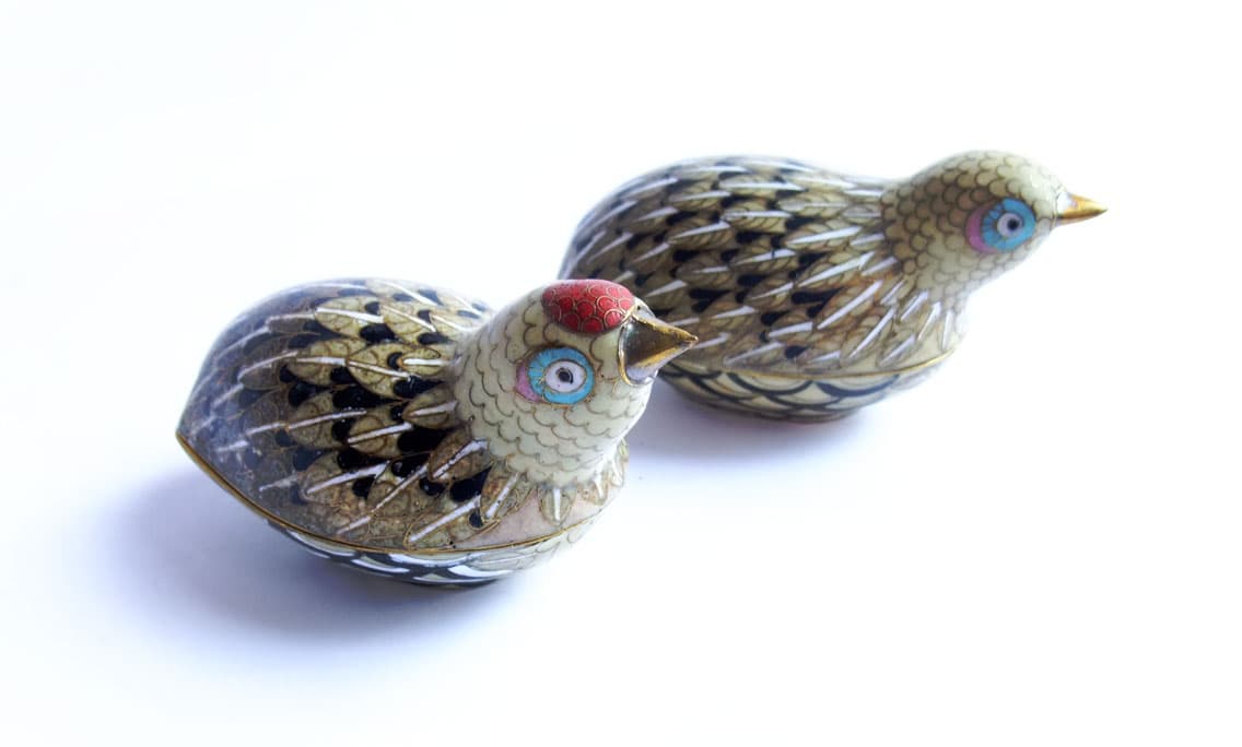 Sold - Pair Cloisonne Bird Boxes - Rubbish Interiors Inc.