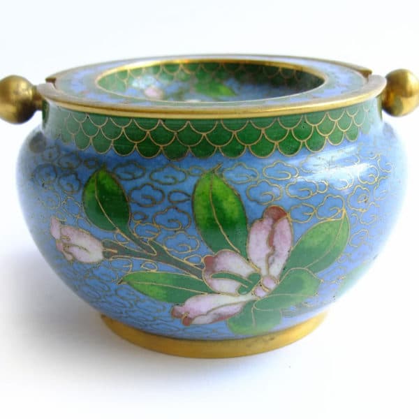Sold - Blue Cloisonne Flip Top Ashtray - Rubbish Interiors Inc.