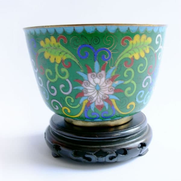 Sold - Green Cloisonne Bowl With Turquoise Interior On Wood Stand - Rubbish Interiors Inc.
