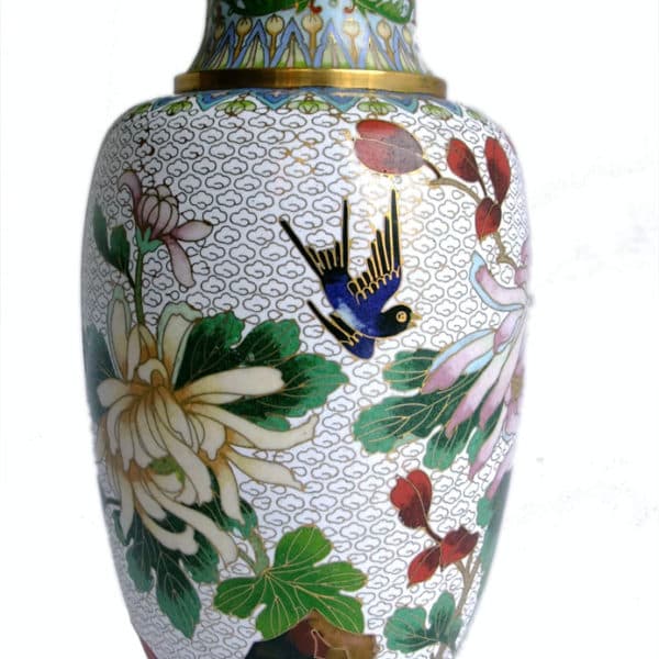 Sold - White Cloisonne Vase With Chrysanthemums - Rubbish Interiors Inc.