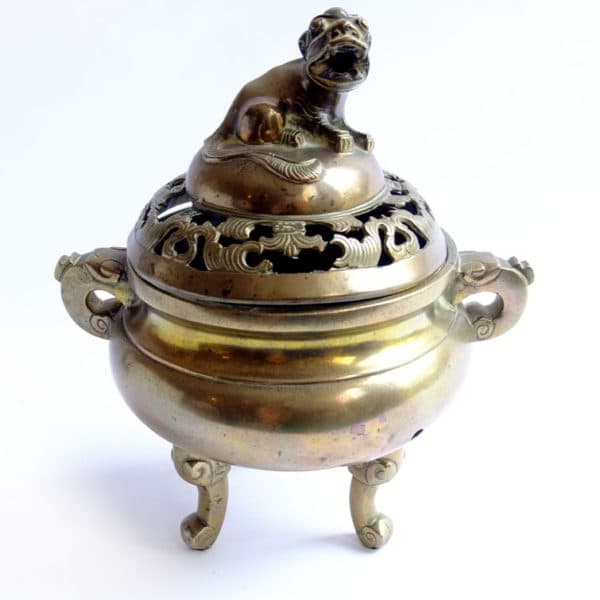 Sold - Brass Incense Burner With Foo Dog Handle - Rubbish Interiors Inc.