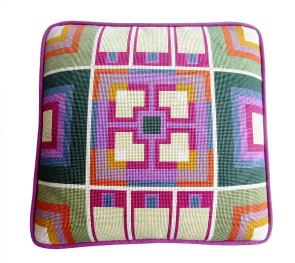 Sold - Square Needlepoint Pillow In Green, Orange and Purple - Rubbish Interiors Inc.