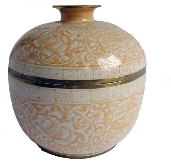 Sold - Peach Ceramic And Brass Jar With Lid - Rubbish Interiors Inc.