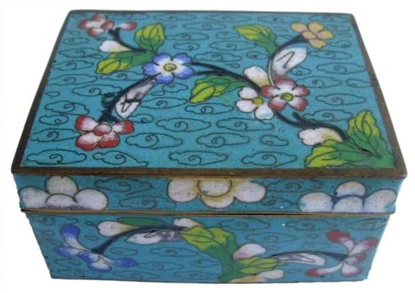 Sold - Blue Cloisonne Box With Cherry Blossoms - Rubbish Interiors Inc.