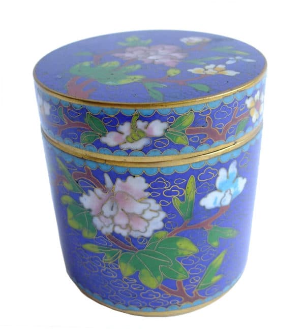 Sold - Blue Cloisonne Round Box With Peonies - Rubbish Interiors Inc.