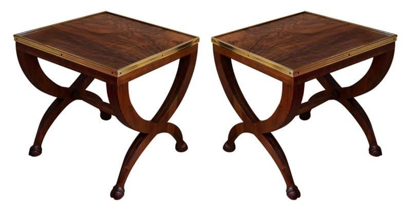 Sold - Pair Baker Burl Walnut And Brass Occasional Tables With Hoof Feet - Rubbish Interiors Inc.