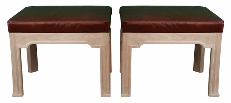 Sold - Pair of Whitewashed Wood Ottomans With Brown Leaher Upholstery - Rubbish Interiors Inc.