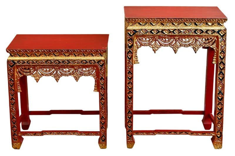 Sold - Pair of Red And Gold Asian Side Tables With Inset Mirror Tiles - Rubbish Interiors Inc.