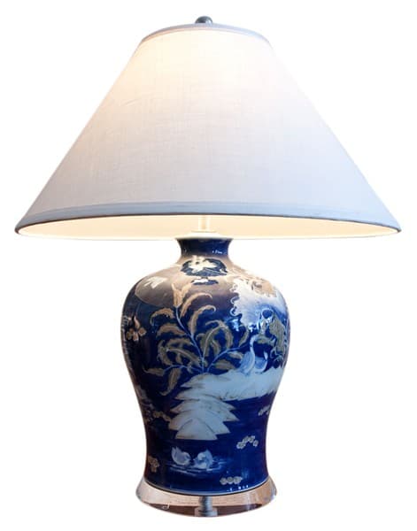 Sold - Vintage Blue and White Ceramic Lamp on Lucite Base - Rubbish Interiors Inc.