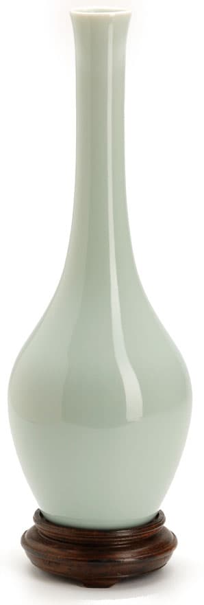 Sold - Celadon Green Bud Vase on Wood Stand - Rubbish Interiors Inc.