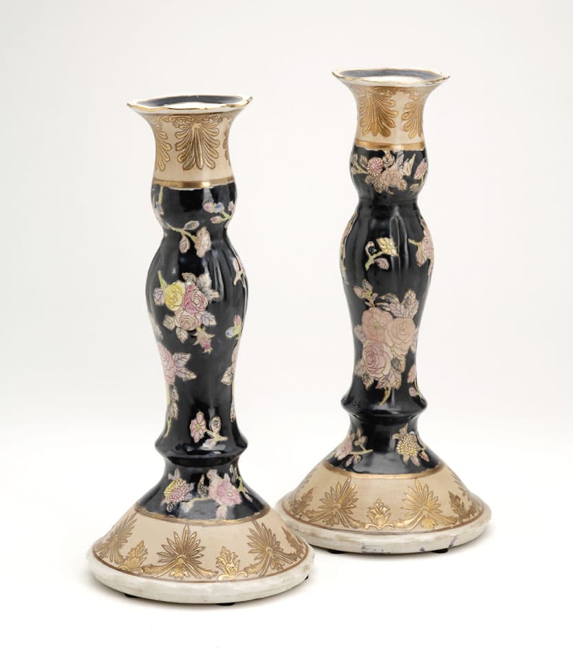 Sold - Pair of Blue Porcelain Chinese Candlestick with Painted Floral Design - Rubbish Interiors Inc.