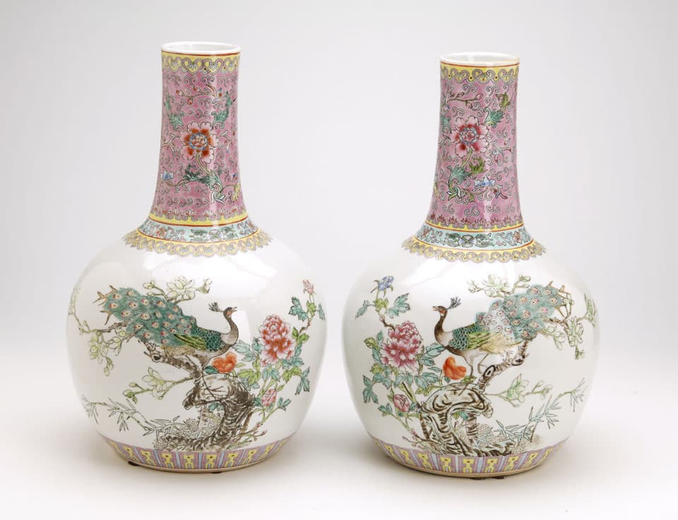 Sold - Famille Rose Chinese Vase Matched Pair - Rubbish Interiors Inc.