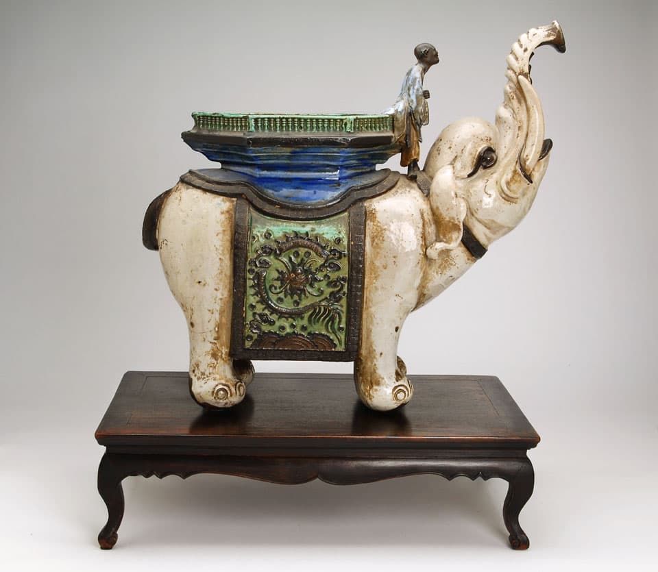 Accessories - Large Ceramic Elephant on Wood Stand -10395 - Rubbish Interiors Inc.