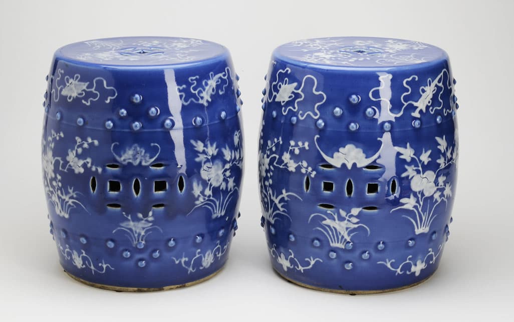 Accessories - Pair of Small Blue and White Garden Stools -10368 - Rubbish Interiors Inc.