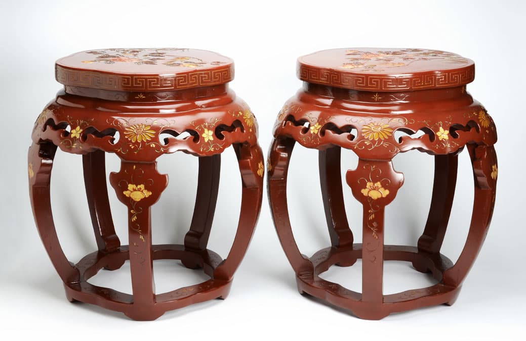 Sold - Pair of Vintage Asian Red Lacquered Garden Stool - Rubbish Interiors Inc.