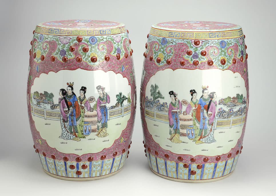 Sold - Pair of Vintage Chinese Famille Rose Garden Stools - Rubbish Interiors Inc.