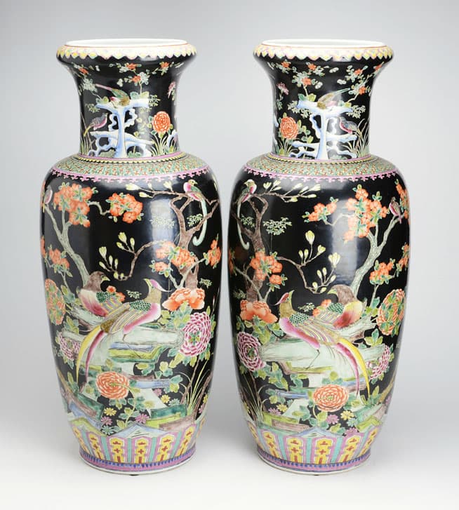 Sold - Very Large Matched Pair (Facing Images) of Hand Painted Famille Noir Vases / Urns - Rubbish Interiors Inc.