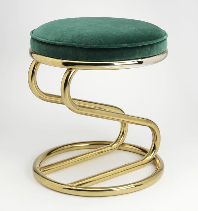 Sold - Z-Base Round Brass Stool With Green Velvet Seat - Rubbish Interiors Inc.