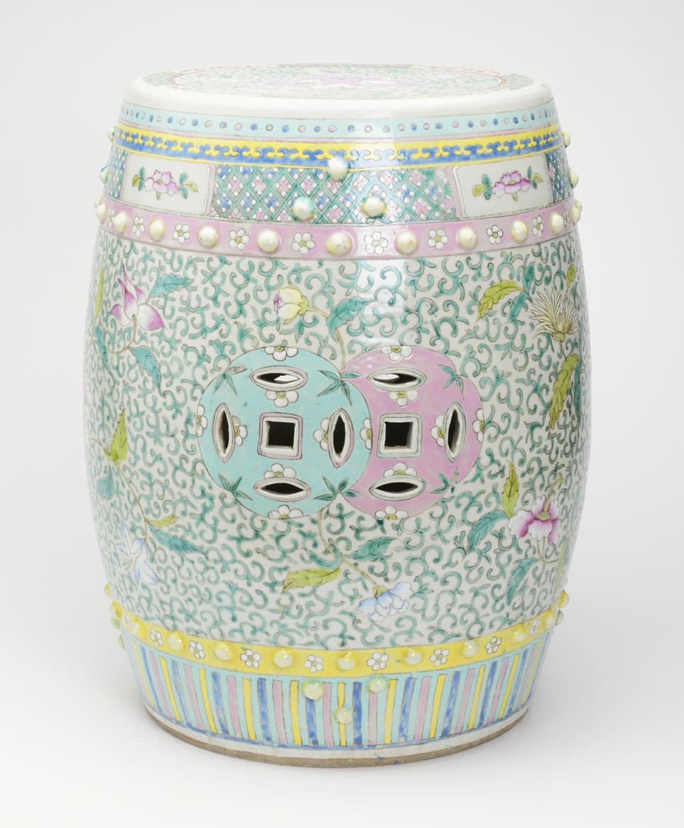 Sold - Antique Yellow and Seafoam Green Garden Stool - Rubbish Interiors Inc.
