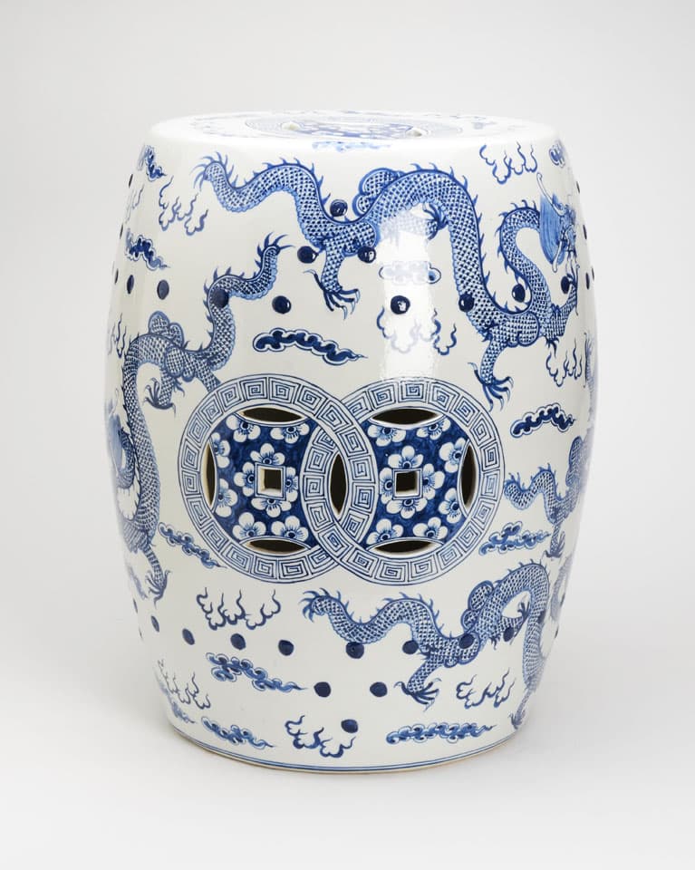 Sold - Blue and White Garden Stool with Images of Dragons - Rubbish Interiors Inc.