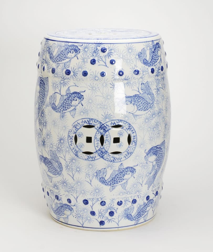 Sold - Blue and White Garden Stool with Images of Fish - Rubbish Interiors Inc.