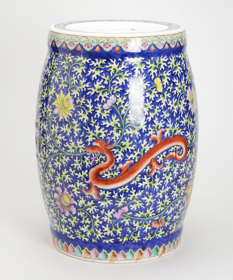 Sold - Blue and Multicolored Asian Garden Stool with Orange Dragon - Rubbish Interiors Inc.