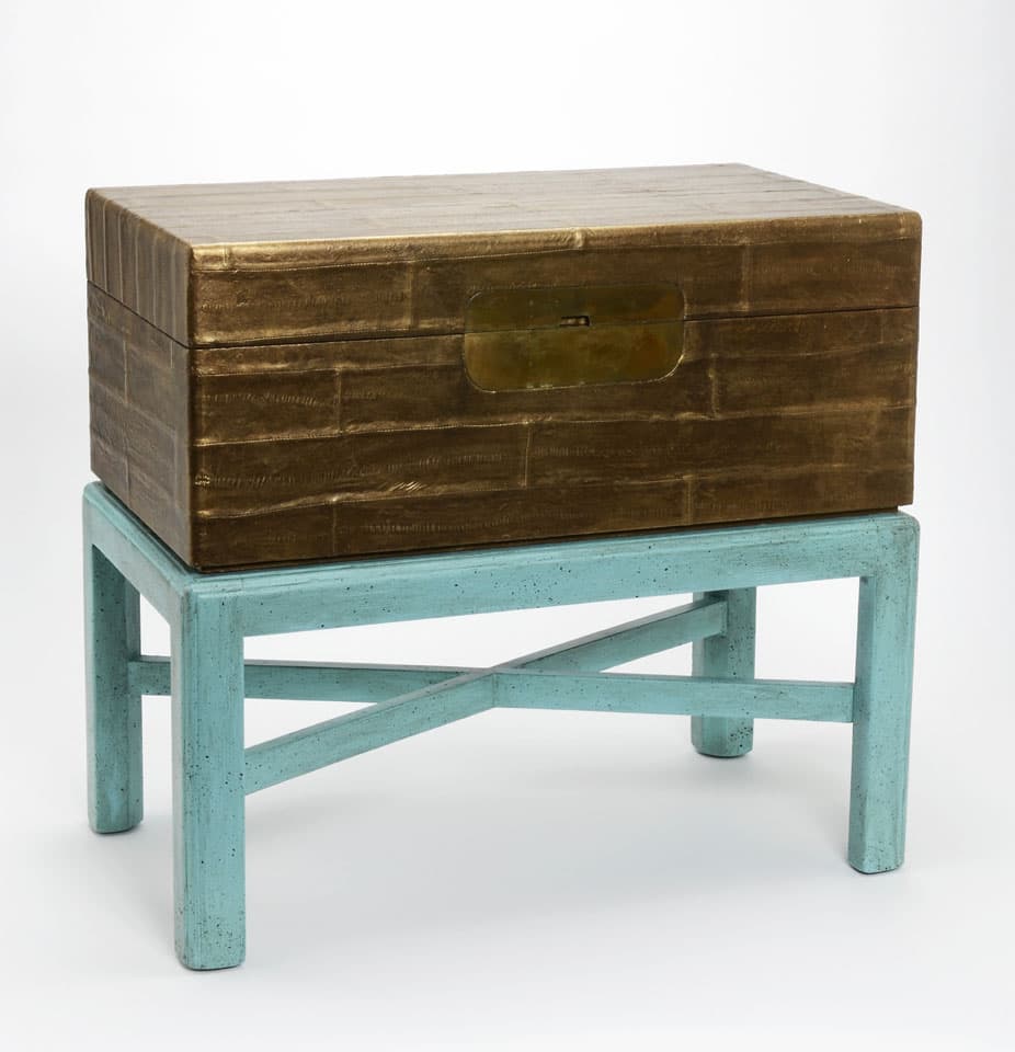Sold - 1970's Eelskin Box on Turquoise Blue Stand - 7258 - Rubbish Interiors Inc.