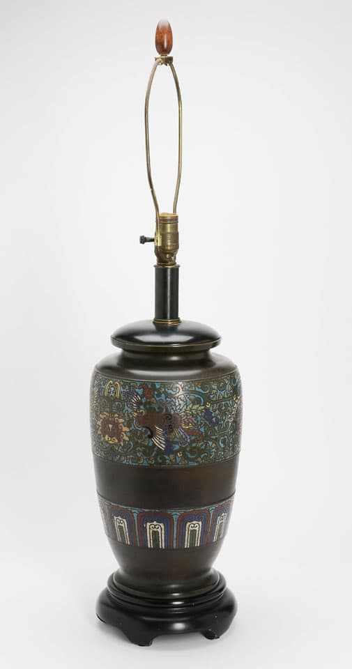 Sold - Cloisonne Lamp on Wood Base - Rubbish Interiors Inc.
