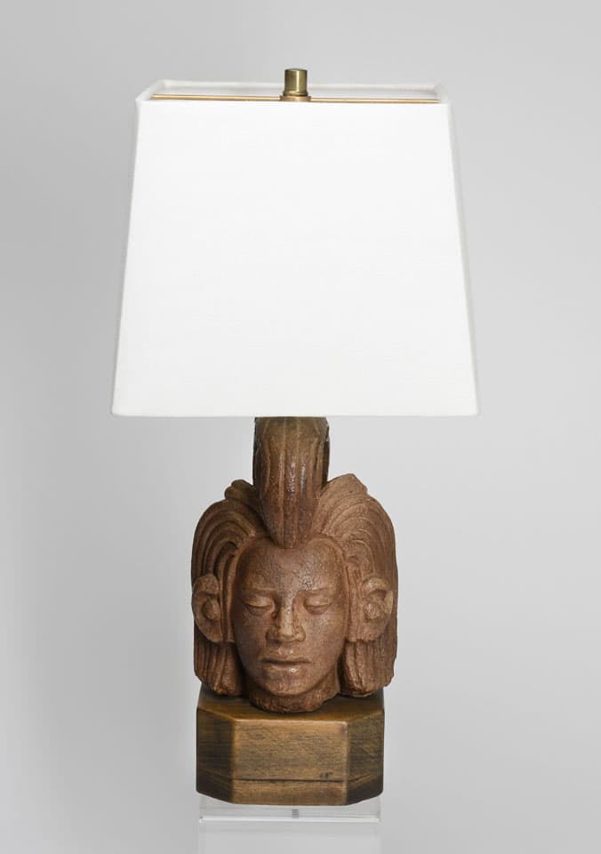 Sold - 50's Atzec Bust on Wood Base with Custom Shade - Rubbish Interiors Inc.