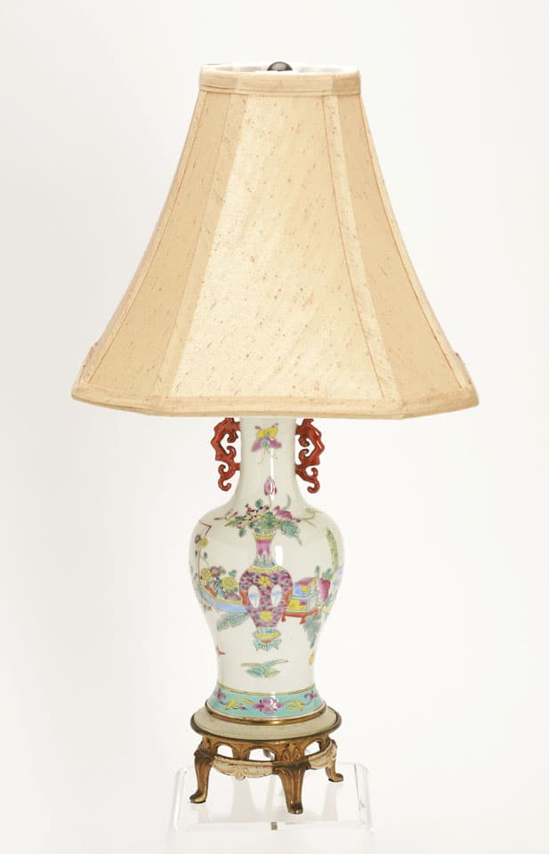 Sold - Small Famille Rose Lamp with Silk Shade - Rubbish Interiors Inc.