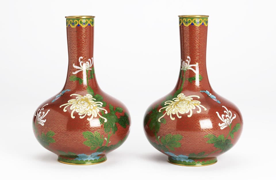 Sold - Pair Cloisonne Vases With Mums - Rubbish Interiors Inc.