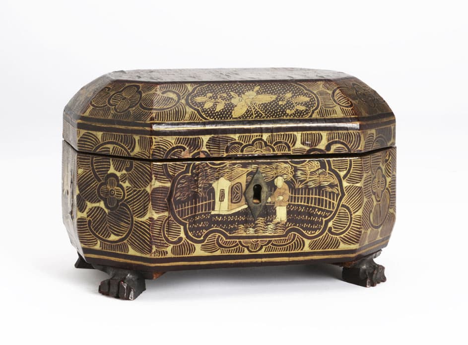 Sold - Antique Octagonal Chinoiserie Box on Lion Paws Feet - Rubbish Interiors Inc.