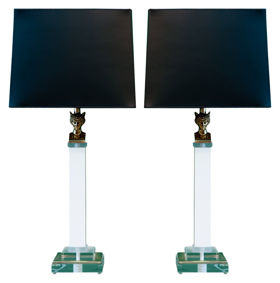 Sold - Pair of Bauer Lamp Company Brass Mercury Head Table Lamps on Lucite Bases - Rubbish Interiors Inc.