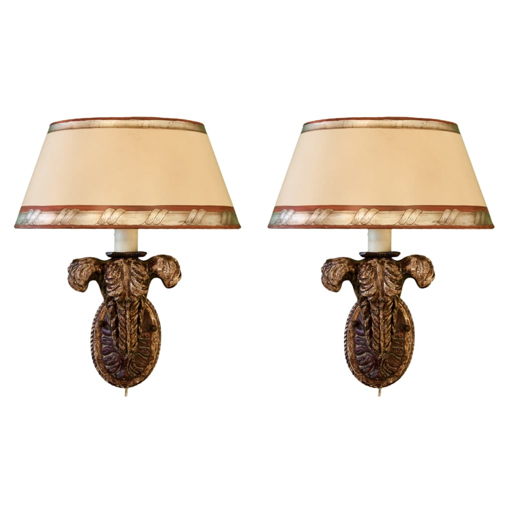 Sold - PAIR OF SILVER-LEAFED WALL SCONCES WITH HAND PAINTED PAPER SHADES - Rubbish Interiors Inc.