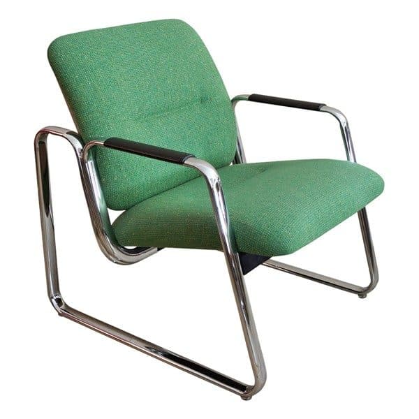 Sold - Modern Chrome Armchair With Green Upholstery - Rubbish Interiors Inc.