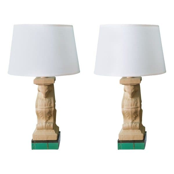 Sold - Pair Sand Colored Terracotta Lamps of Mythological Creatures On Lucite Bases With Linen Shades - Rubbish Interiors Inc.