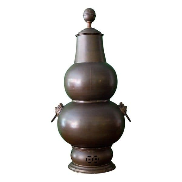 Accessories - Large Brass Chinese Double Gourd Shaped Covered Urn On Stand With Lion Head Handles - 7264 - Rubbish Interiors Inc.