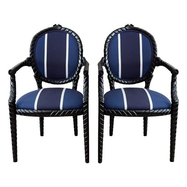 Sold - Pair Black Painted "Rope" Armchairs with Blue Striped Upholstery - Rubbish Interiors Inc.