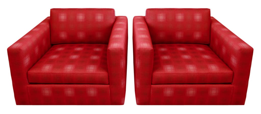 Sold - Pair of Red Swivel Club Chairs on Walnut Bases - Rubbish Interiors Inc.