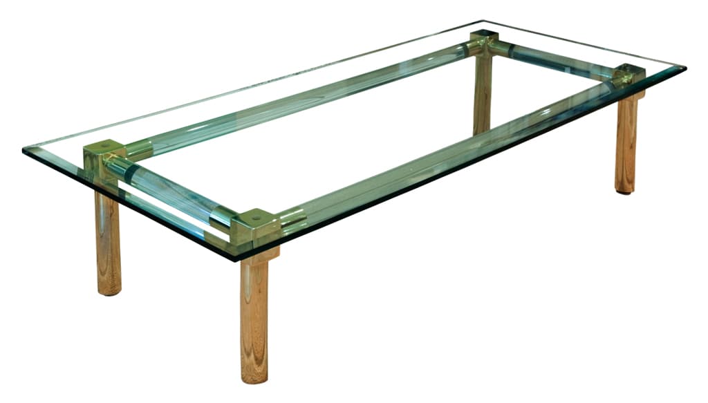 Sold - Lucite and Gold Plate Coffee Table Beveled Glass Top - Rubbish Interiors Inc.