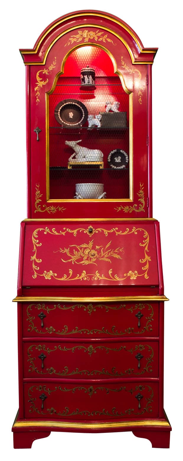 Sold - Widdicomb Red Painted Secretary With Bookshelf Top And 3 Drawers - Rubbish Interiors Inc.