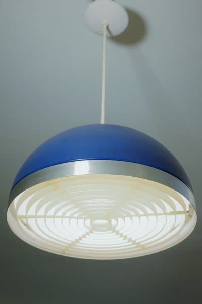 Sold - Modern 80's Hanging Lamp Stainless Steel Rim - 9596 - Rubbish Interiors Inc.