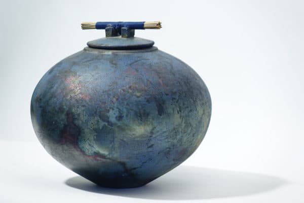 Sold - Blue Raku Vessel with Lid - 9638 - Rubbish Interiors Inc.